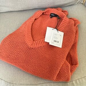 💥Theory Karenia V-neck Cotton Rope Knit Stretchy Sweater In Soft Rust Orange